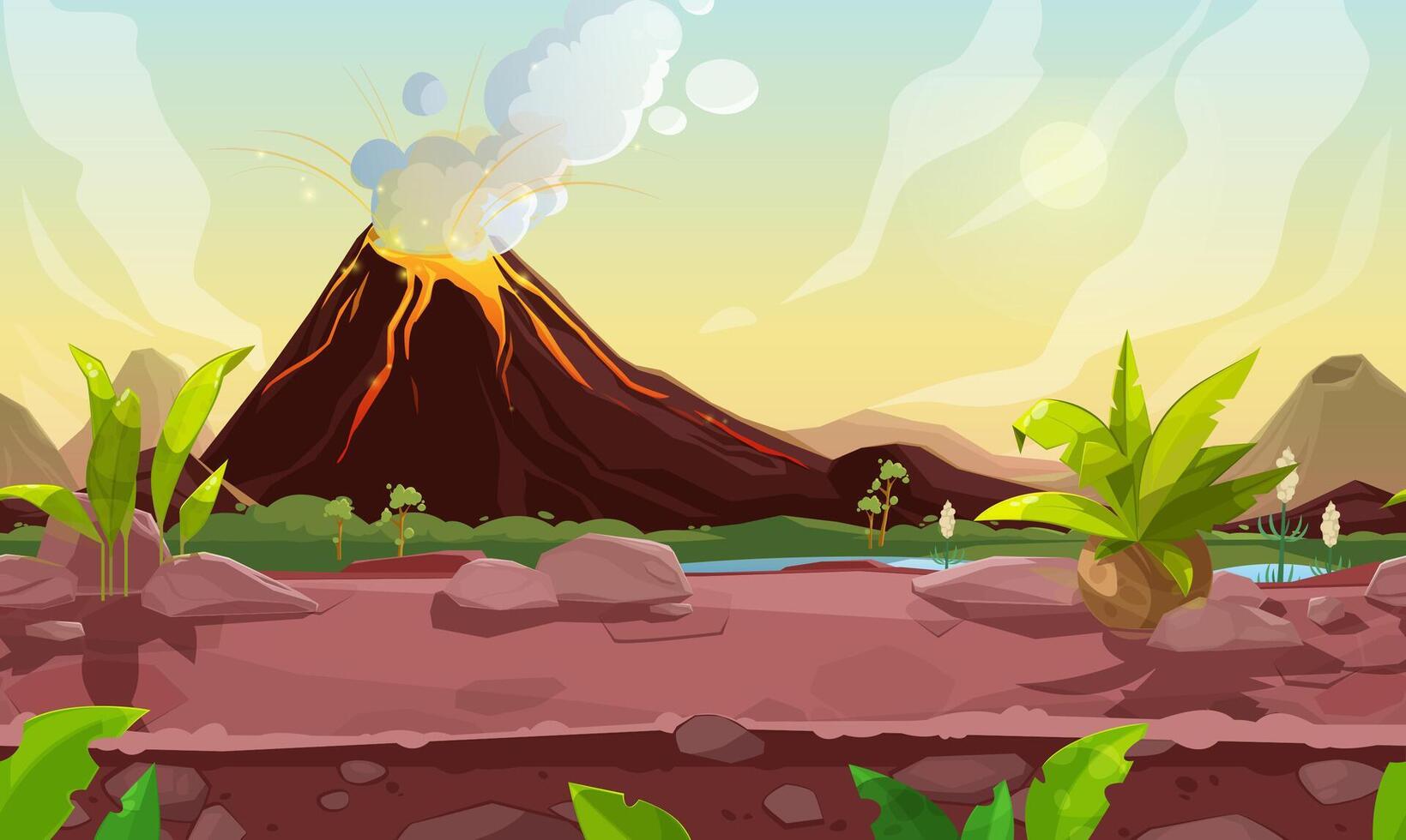 Prehistoric steaming volcano pc game cartoon scene vector