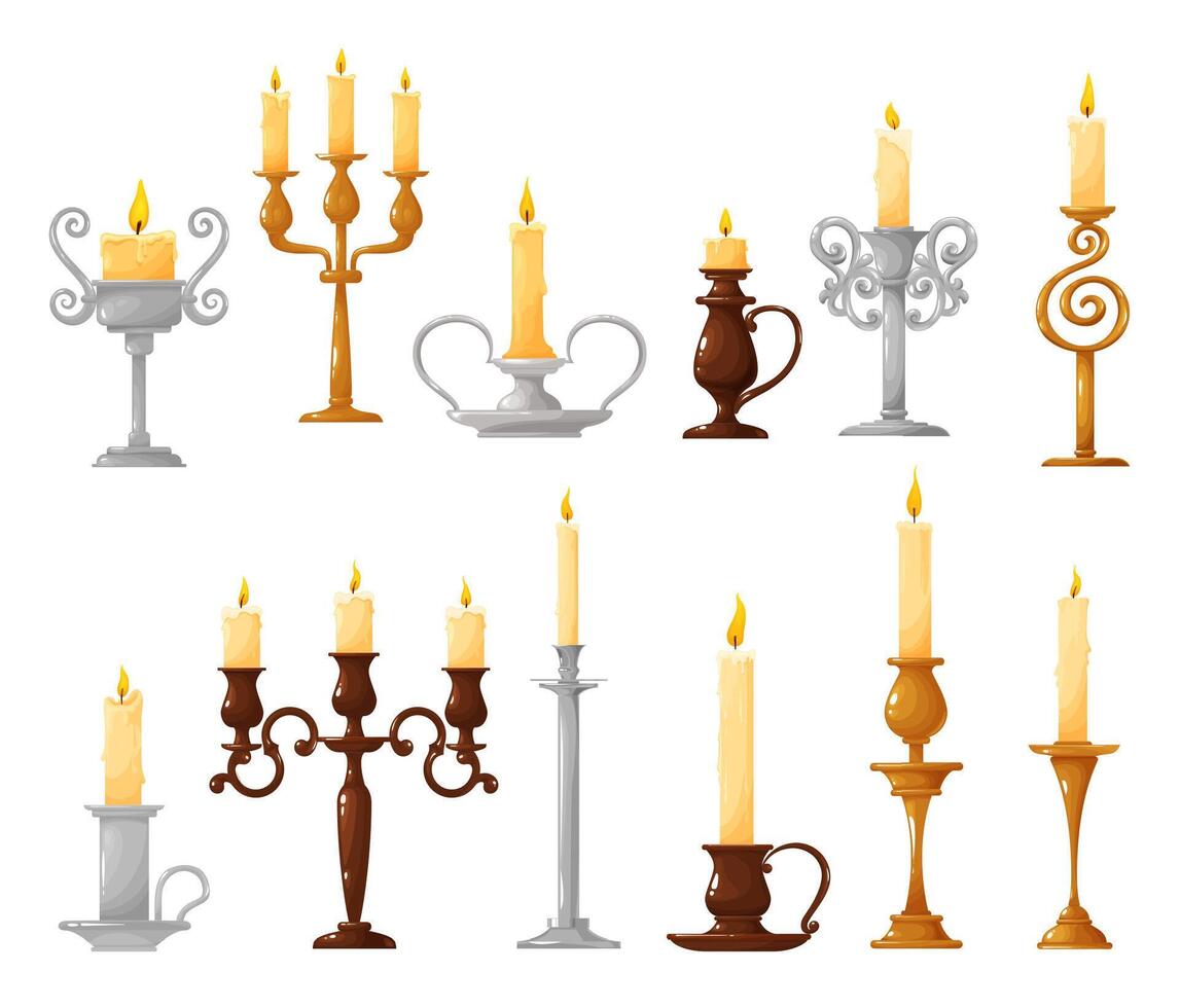 Candlestick with burning candle cartoon icons vector