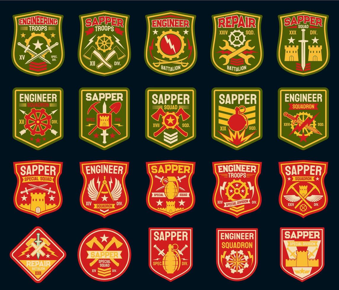 Sapper or combat engineer military patches, badges vector