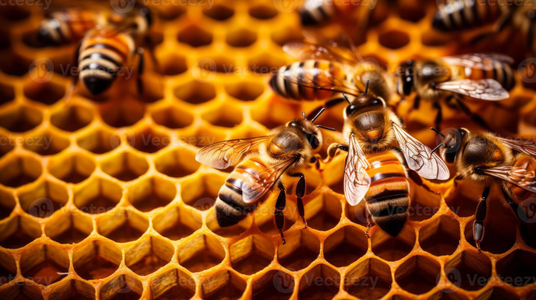 bee on honeycombs with honey slices nectar into cells. Neural network photo