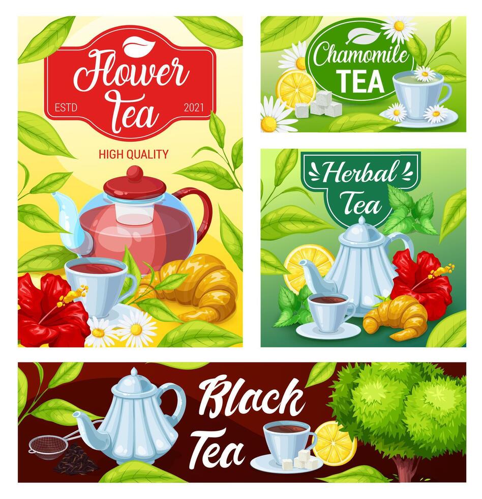 Tea cup of black, green, herbal beverage banners vector