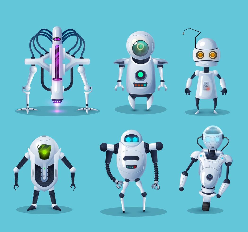 Alien robots, future sci-fi androids characters vector