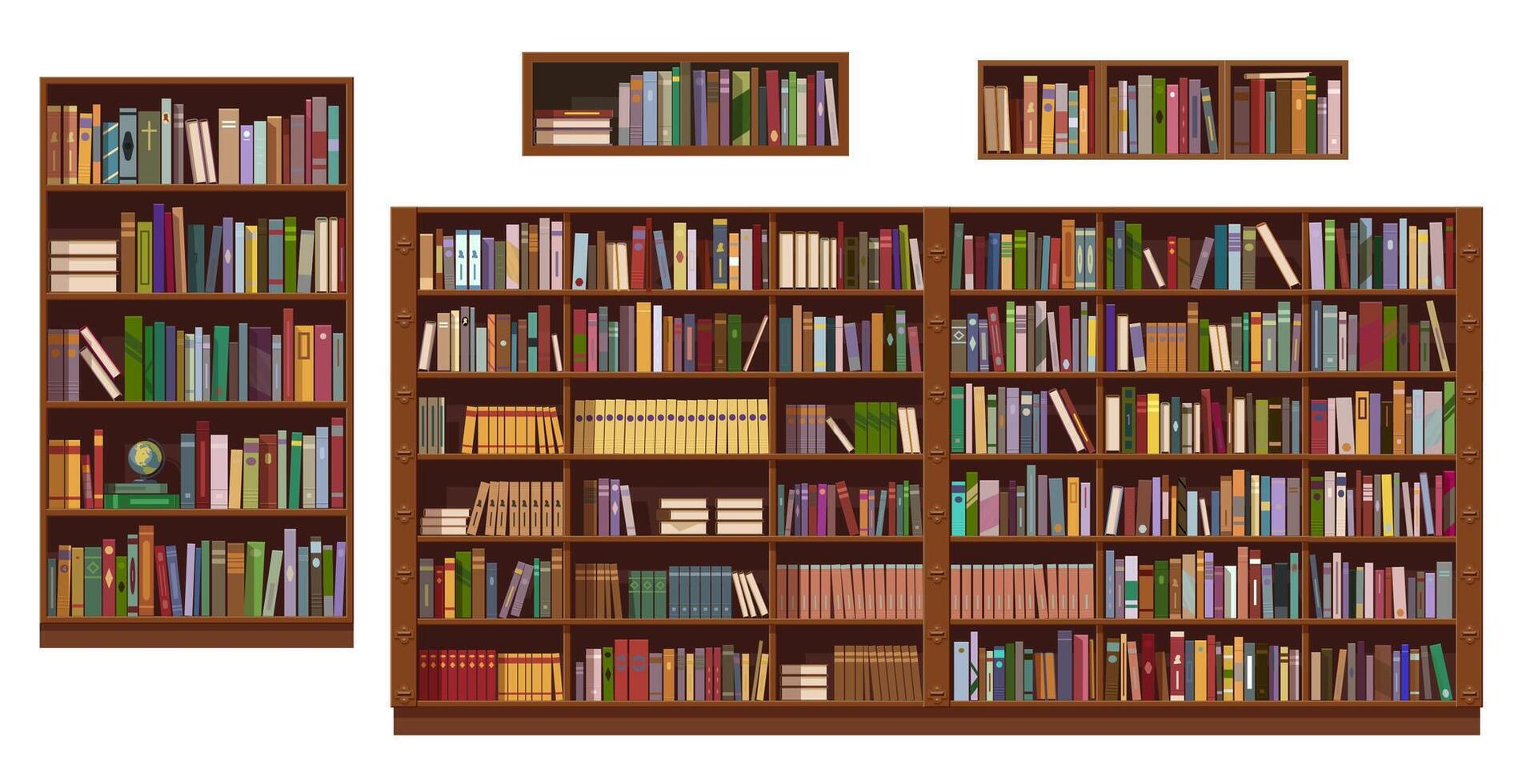 Book shelves and bookcase of library, bookstore vector