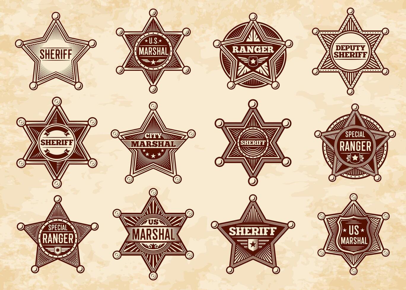 Sheriff, marshal, ranger stars, badges set vector