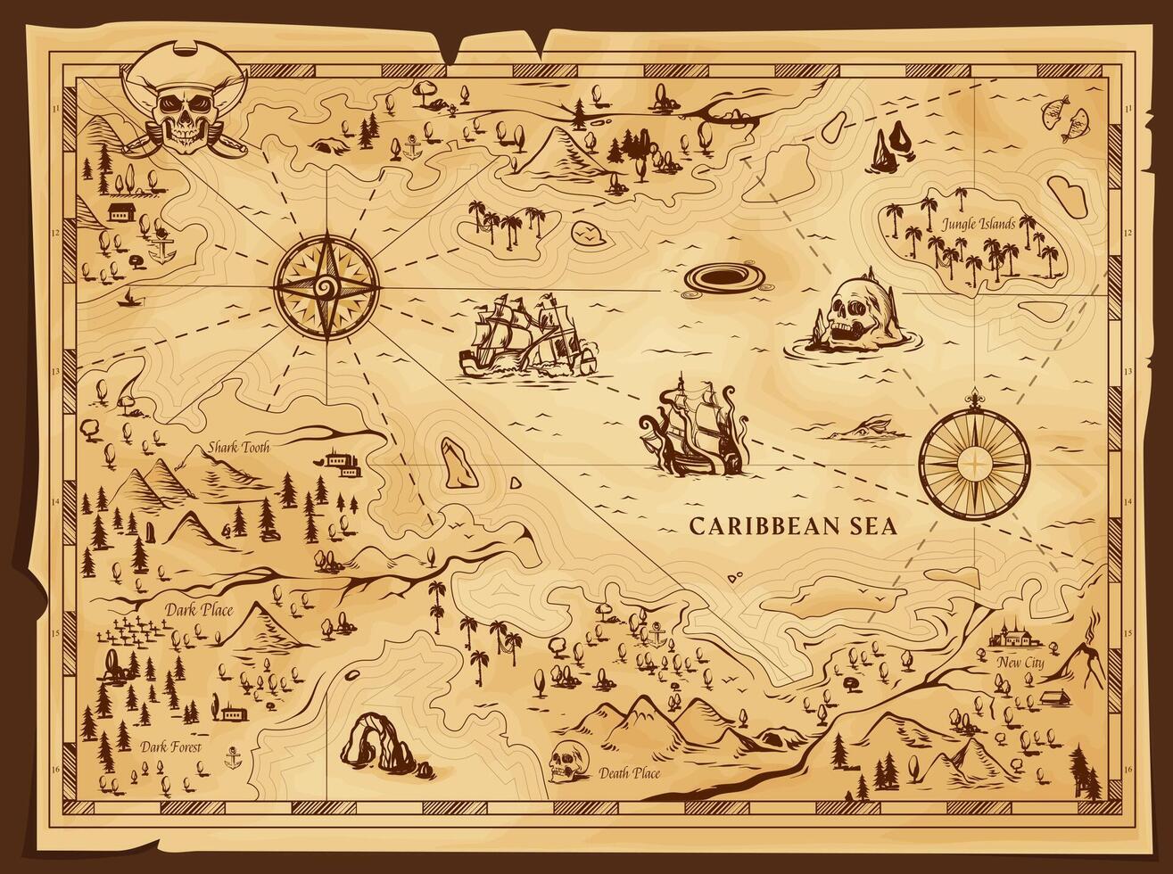 Old pirate map, parchment with jolly roger vector