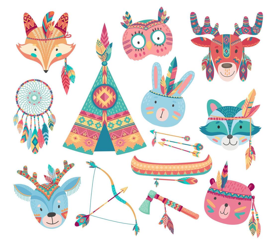 Cute native american or indian animal icons vector