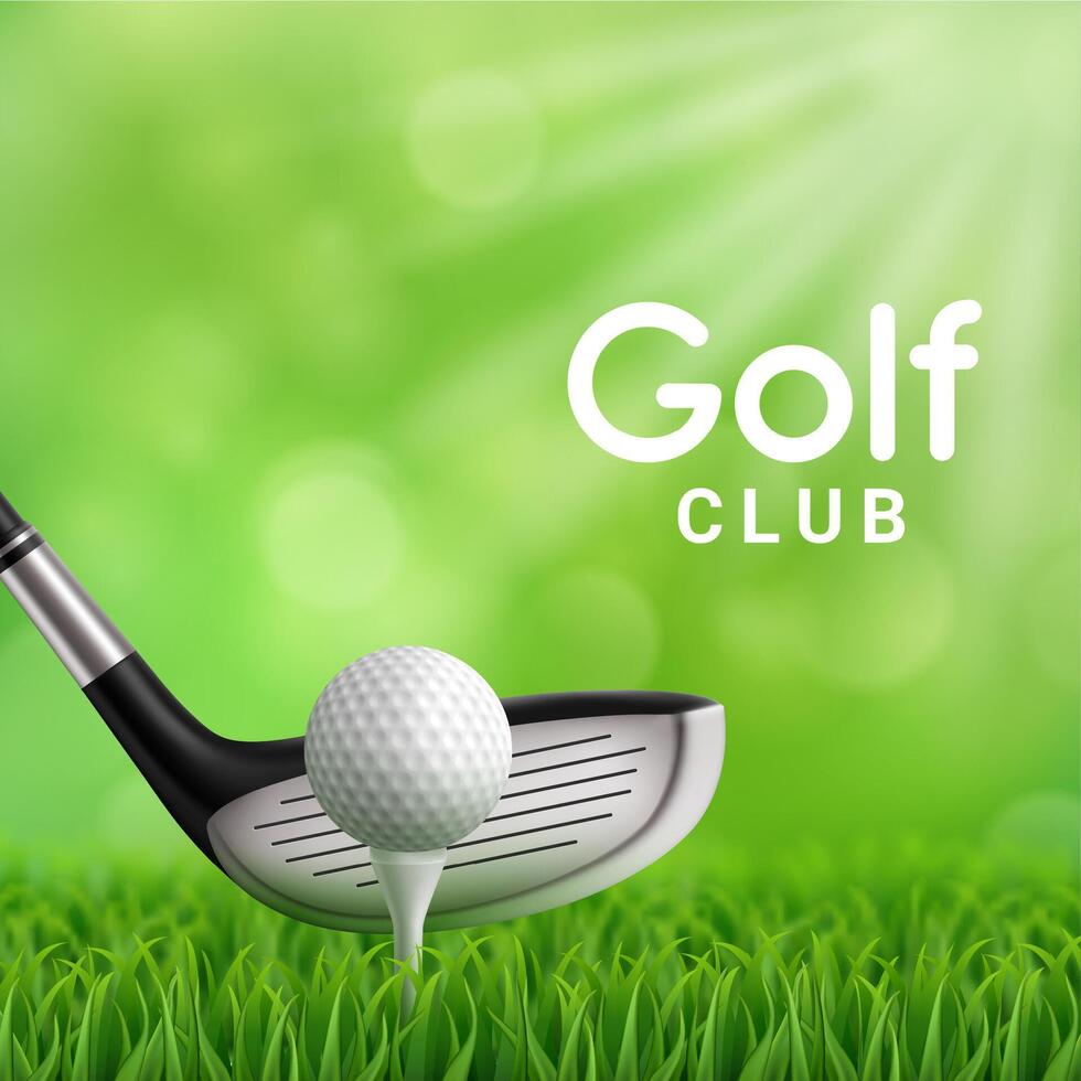 Golf club, ball and tee on grass field, realistic vector