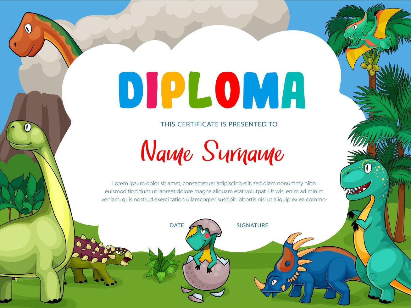 Kids diploma with cartoon cute dinosaurs vector