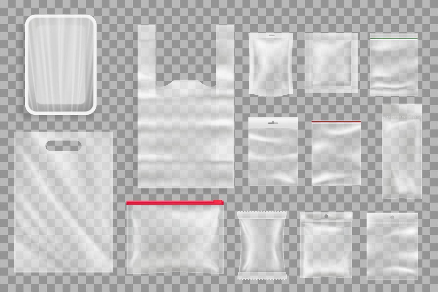 Food products plastic packaging mockups set vector
