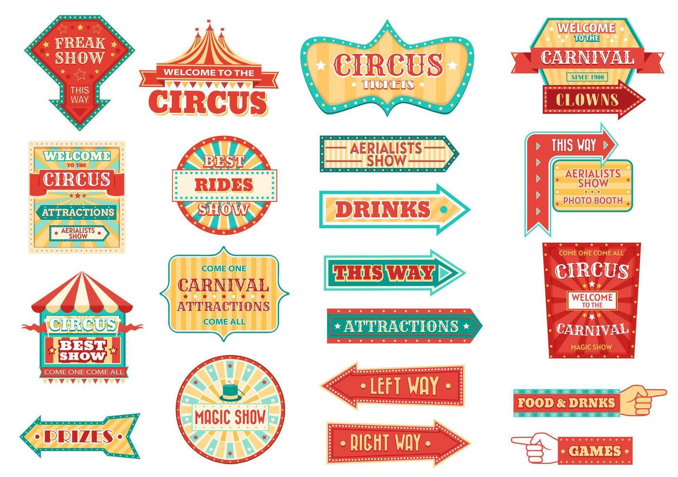 Circus show retro sign, arrow pointer with bulbs vector