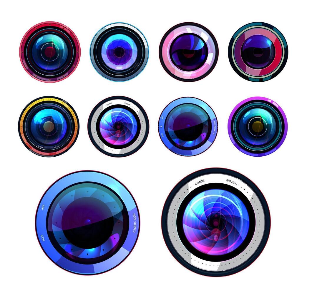 Camera lens isolated icons, 3d photo lenses vector