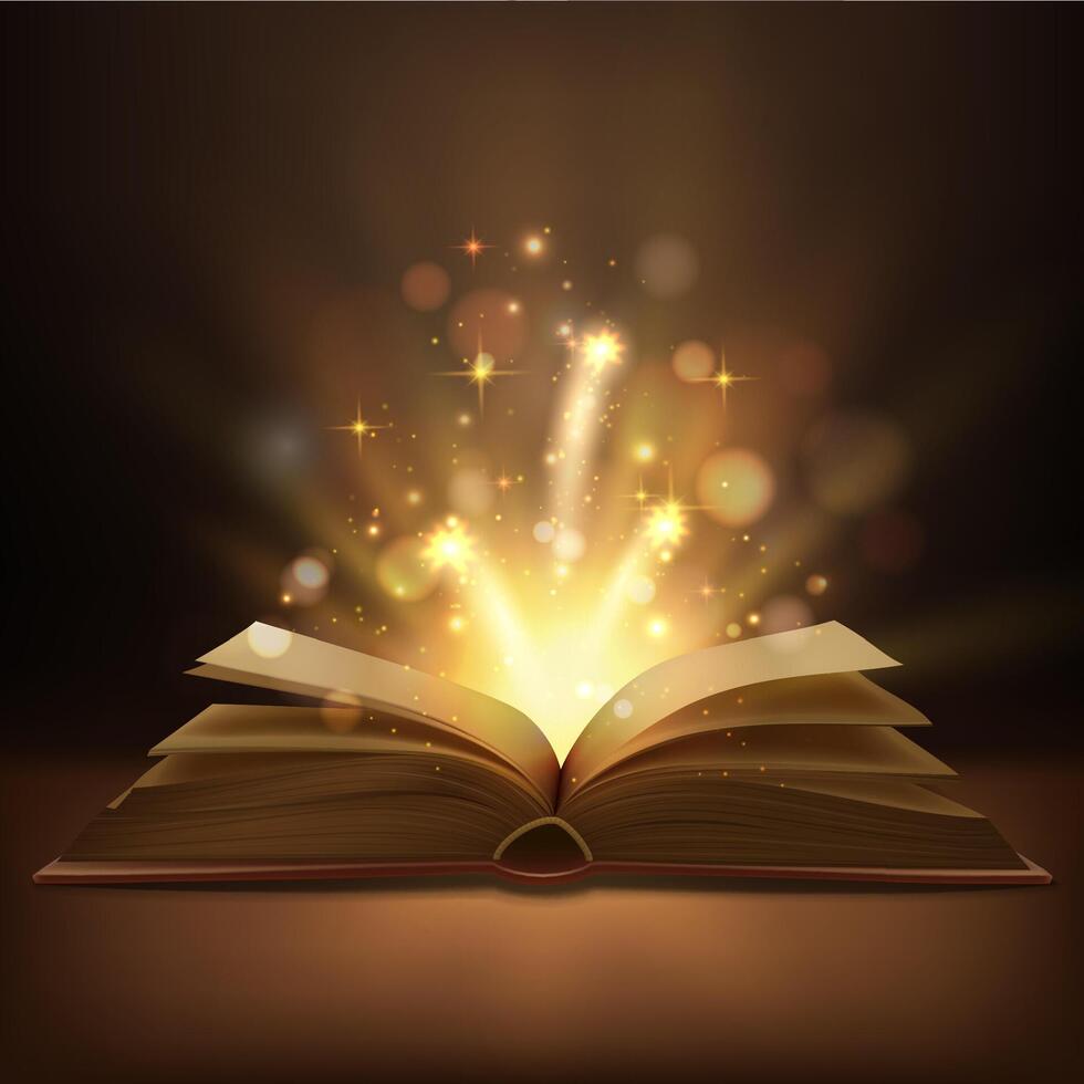 Open book with magic lights, realistic vector