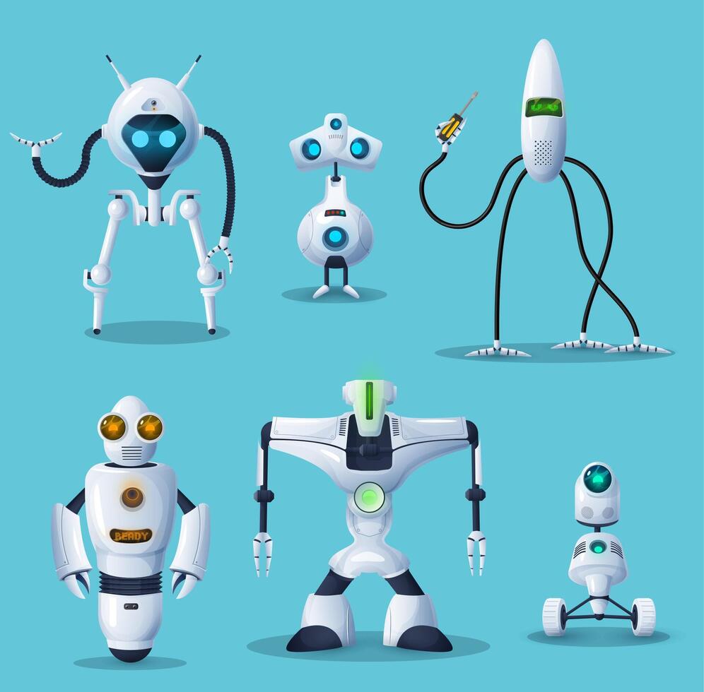 Robot, bot, android and cyborg cartoon characters vector
