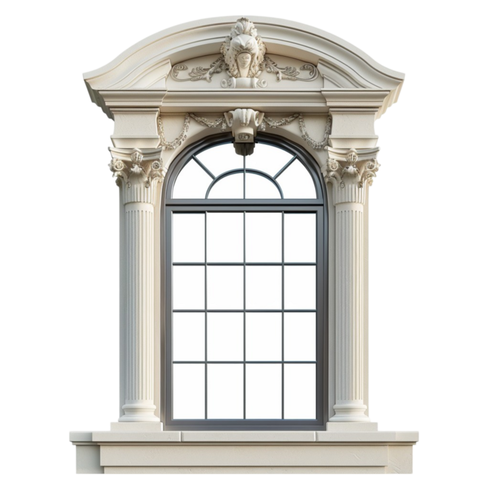 an ornate window with a white frame and a window sill png