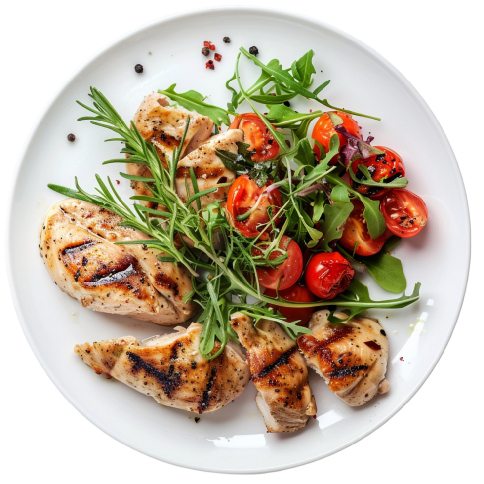 grilled chicken breast with salad and tomatoes on a plate png