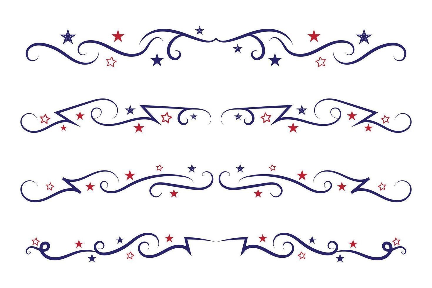 4th of July lettering header Ornate swirls, patriotic red stars, and blue Elegant fancy separators Decorative Elements, American Independence Day Calligraphy Flourishes text dividers vector