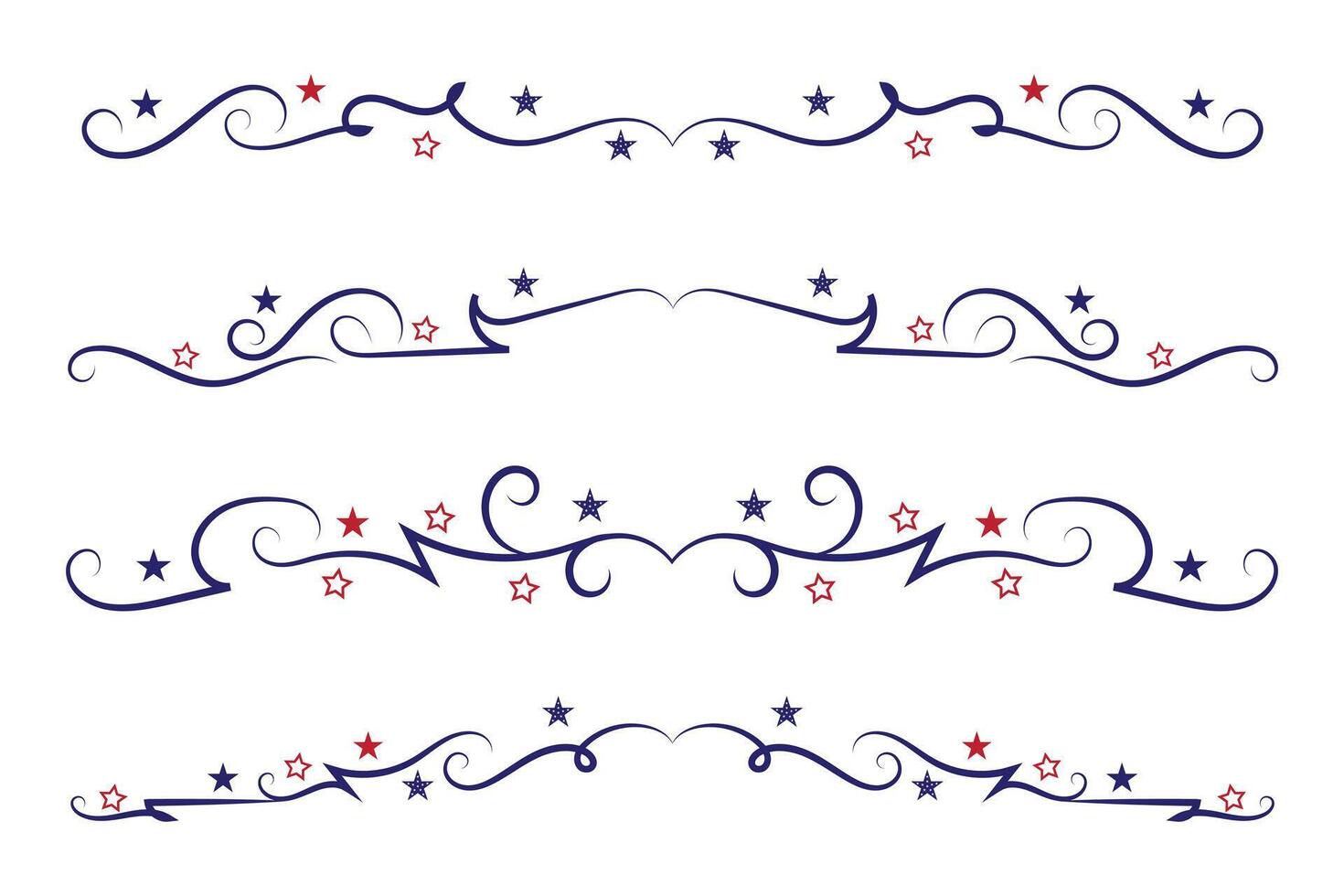 4th of July lettering header Ornate swirls, patriotic red stars, and blue Elegant fancy separators Decorative Elements, American Independence Day Calligraphy Flourishes text dividers vector
