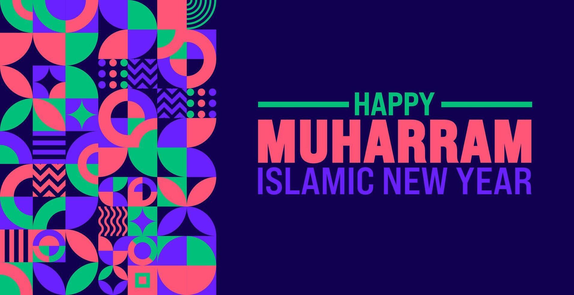 Muharram Islamic New Year geometric shape pattern background template. Holiday concept. Use a background, banner, placard, card, and poster design template with text inscription and standard color. vector