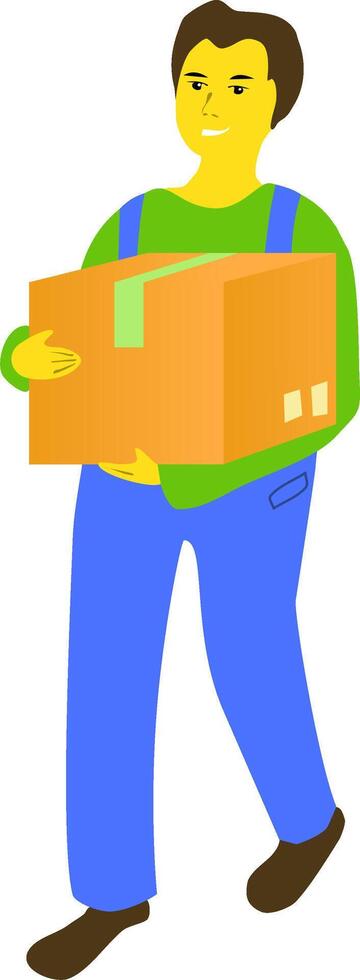 A man in uniform delivered a box by parcel. illustration A man in a blue uniform moves in a direction from right to left and from top to bottom. In the hands of the employee is a box sealed vector