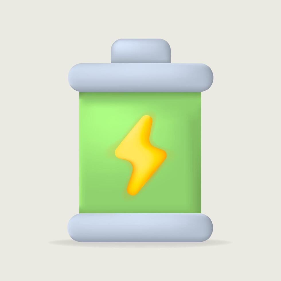 3D icon illustration green battery icon with a yellow lightning bolt. for topics on energy efficiency, battery life, and sustainable tech. Optimize your content with this eye-catching visual vector