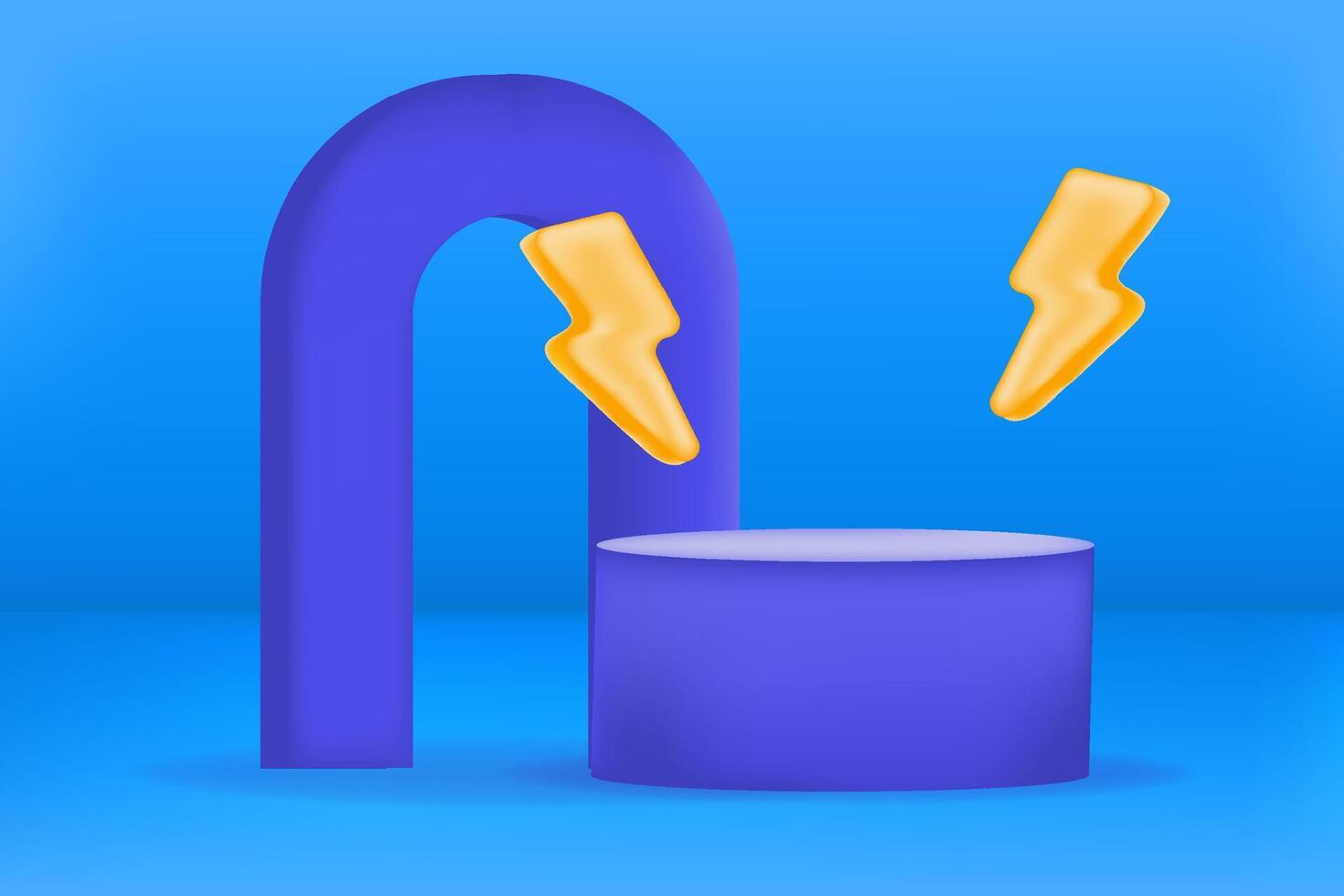 Blue podium illustration with 3D Illustration of a magnet Attracting Energy Bolts, Symbolizing Power energy and flash sale vector