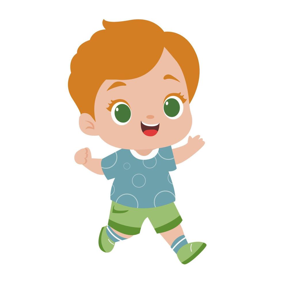 Cartoon cute red-haired boy running and jumping. Colorful isolated kids illustration. vector