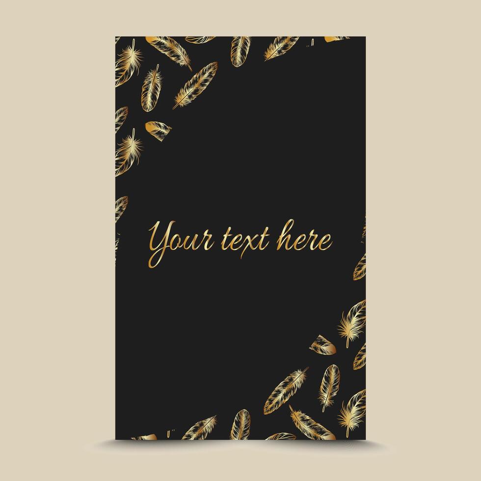 Modern luxury black and gold background for business or greeting card with golden feathers. Elegance card design template with copy space for text for engagement, Wedding invitation, gala, vip cover. vector