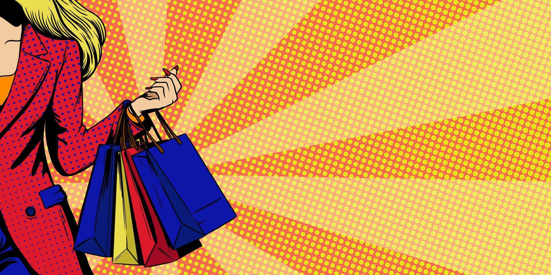 Young woman holding shopping bags and enjoying sales. Pop art comic retro style. Banner template sales concept for discount, black Friday, Global Shopping Day, 11.11, Special offer. background vector
