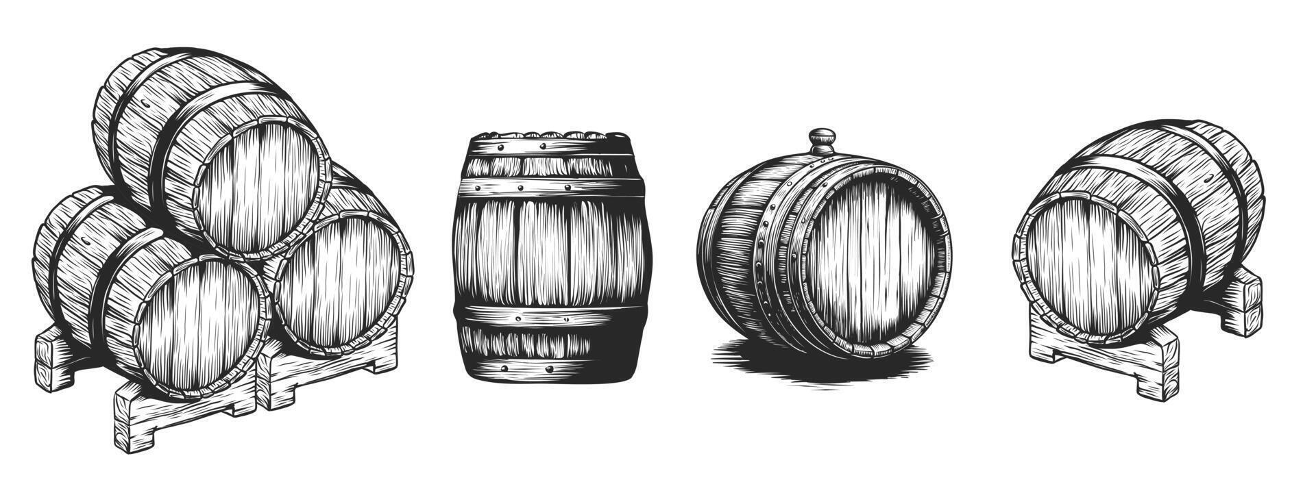 Wooden barrels vintage icons set. Hand drawn sketch illustration of different cask collection. Wine, beer, whiskey storage container isolated on white background. Old winery design elements vector