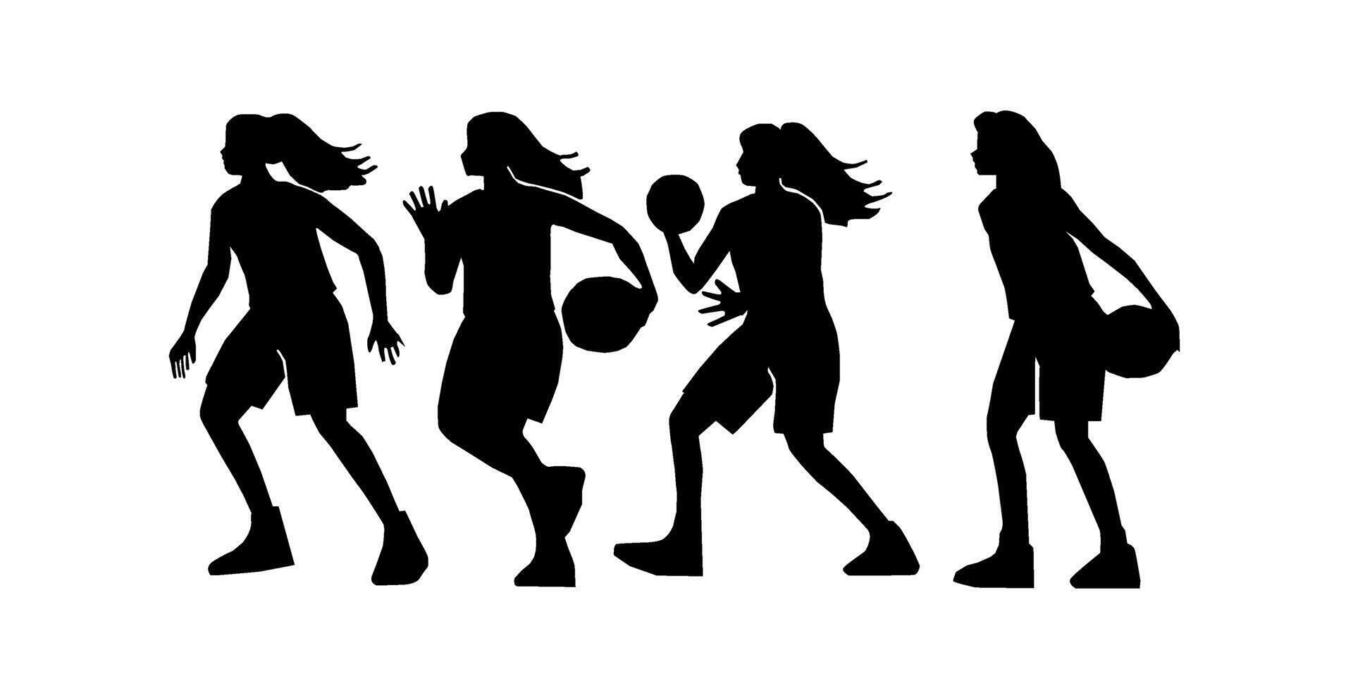 basketball women players silhouettes set , basketball silhouettes,set basketball women player in action with ball vector