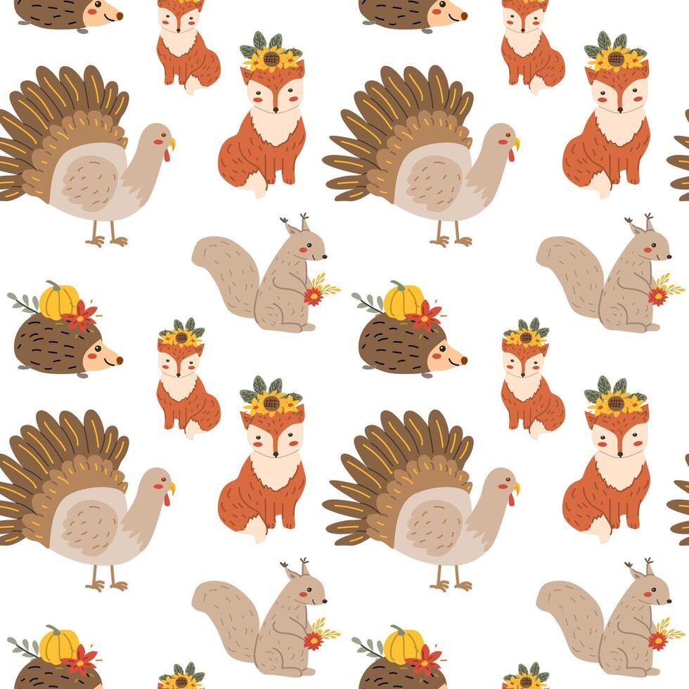 Autumn fall thankgiving pattern with cartoon characters vector