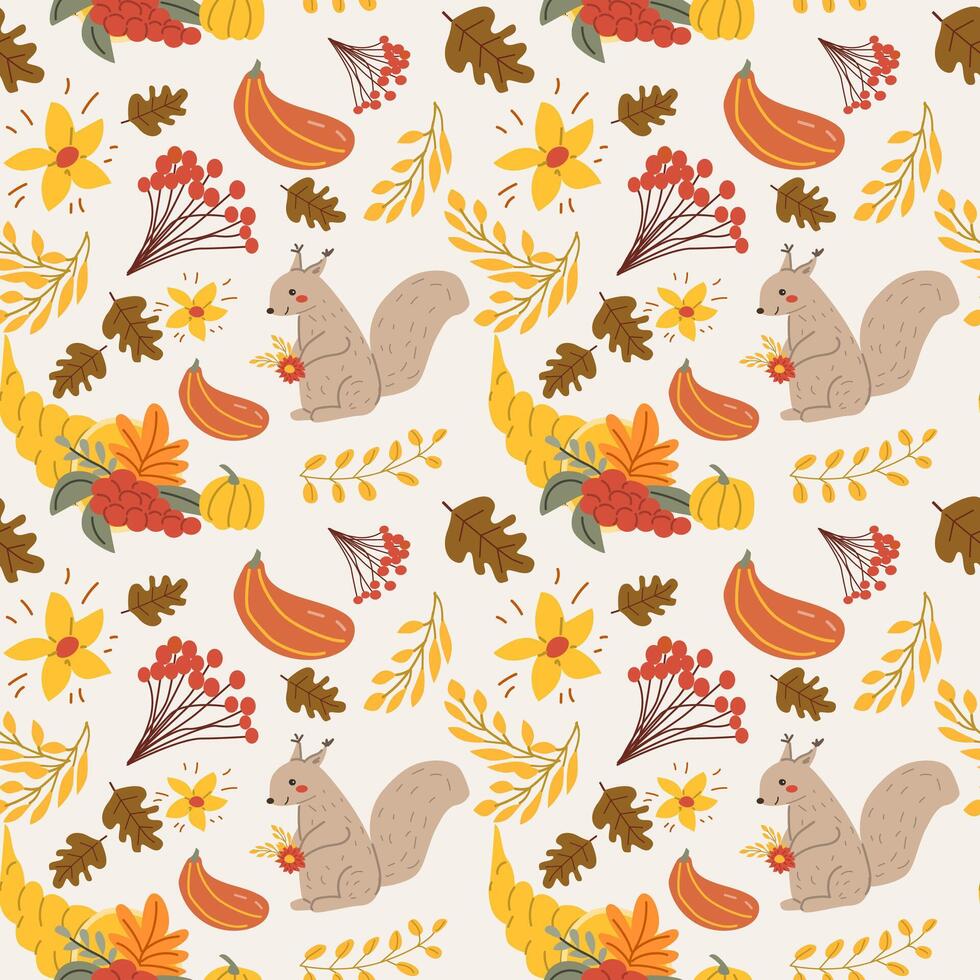Autumn fall thankgiving pattern with cartoon characters vector