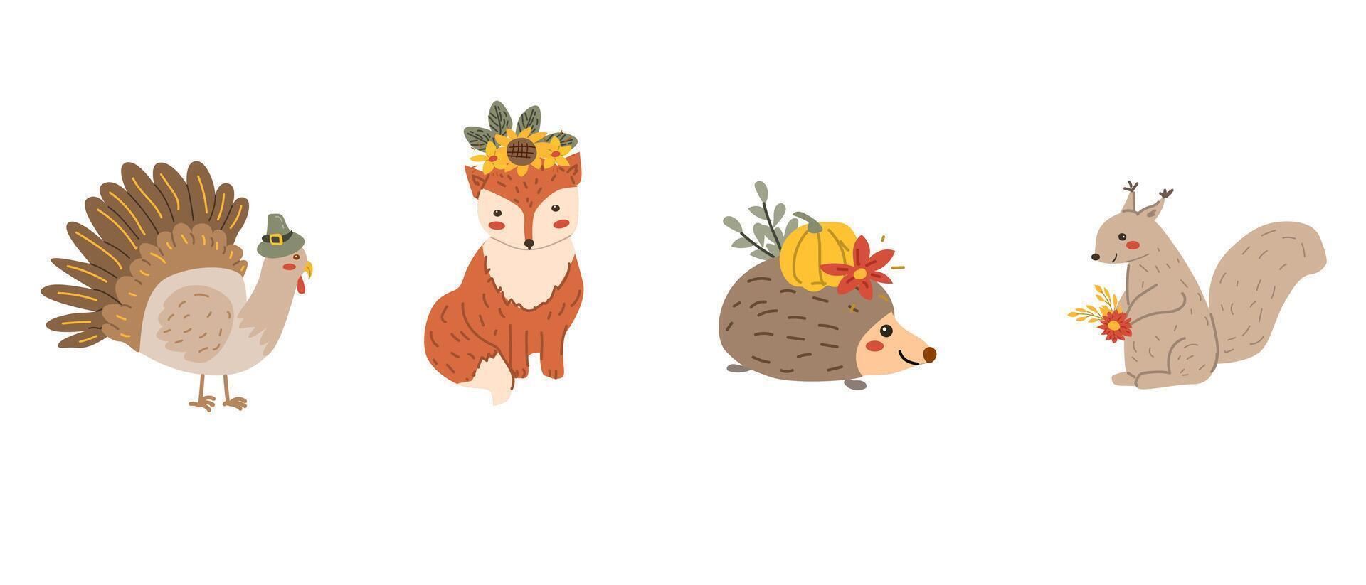 Autumn fall thanksgiving animal character with fall leaves and flowers vector