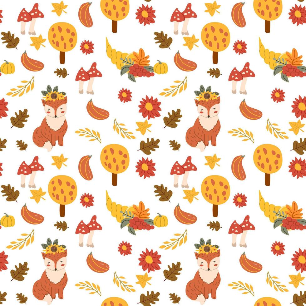 Autumn fall thankgiving pattern with cartoon characters vector