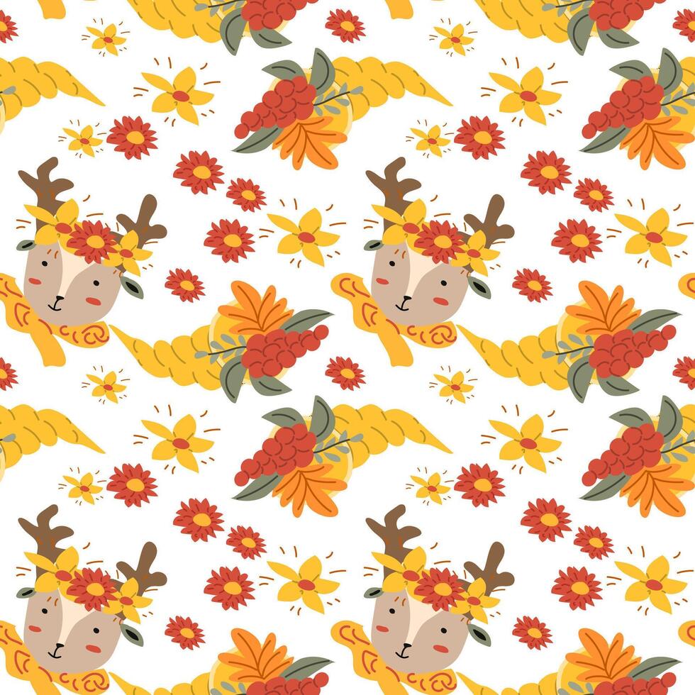 Autumn fall thankgiving pattern with cartoon characters vector