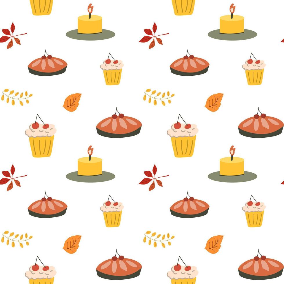 Fall thanksgiving pattern with autumn leaves and plants, animals. Cute fabric design. vector