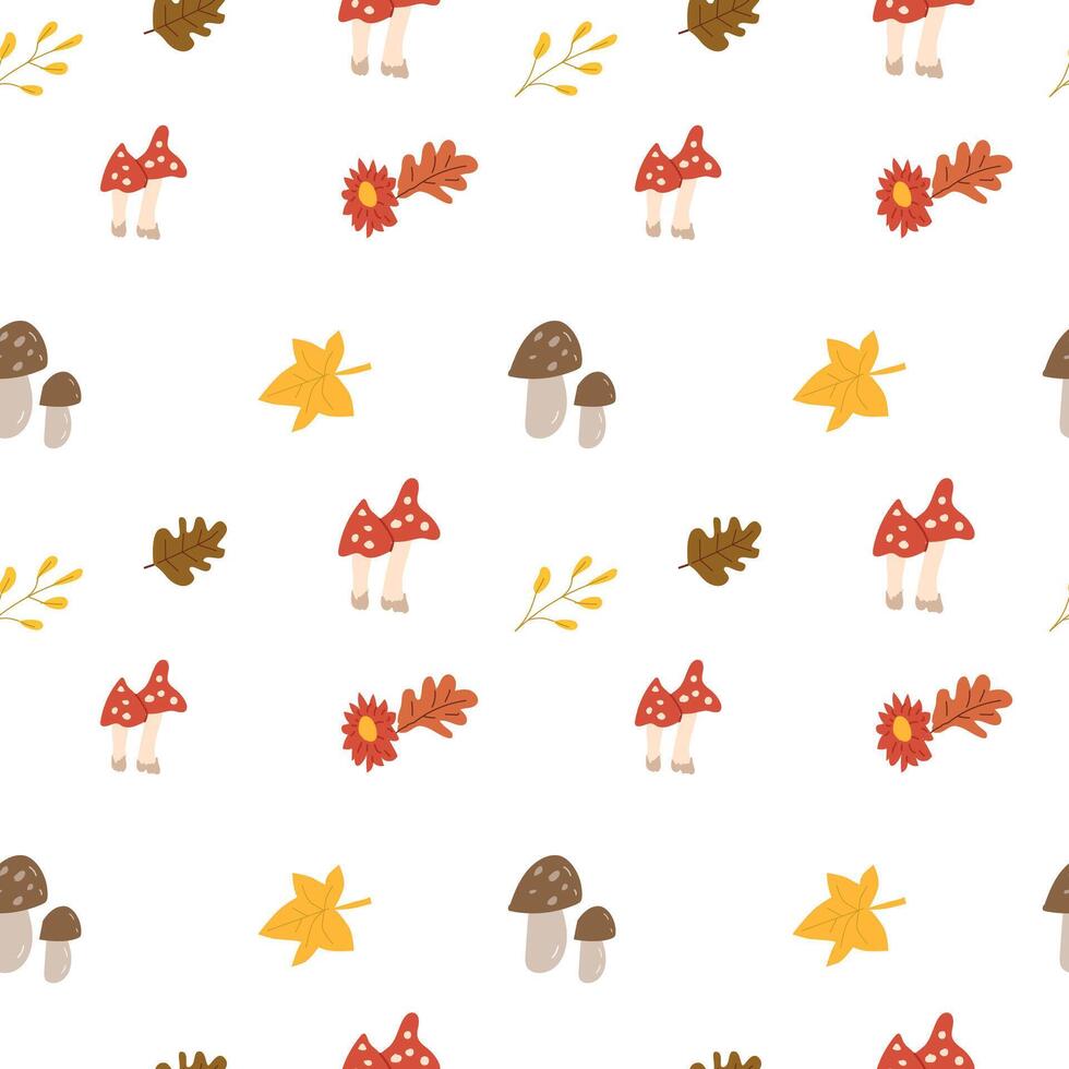 Fall thanksgiving pattern with autumn leaves and plants, animals. Cute fabric design. vector