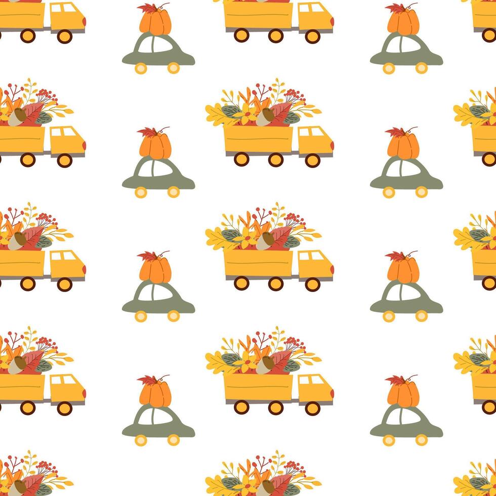 Fall thanksgiving pattern with autumn leaves and plants, animals. Cute fabric design. vector