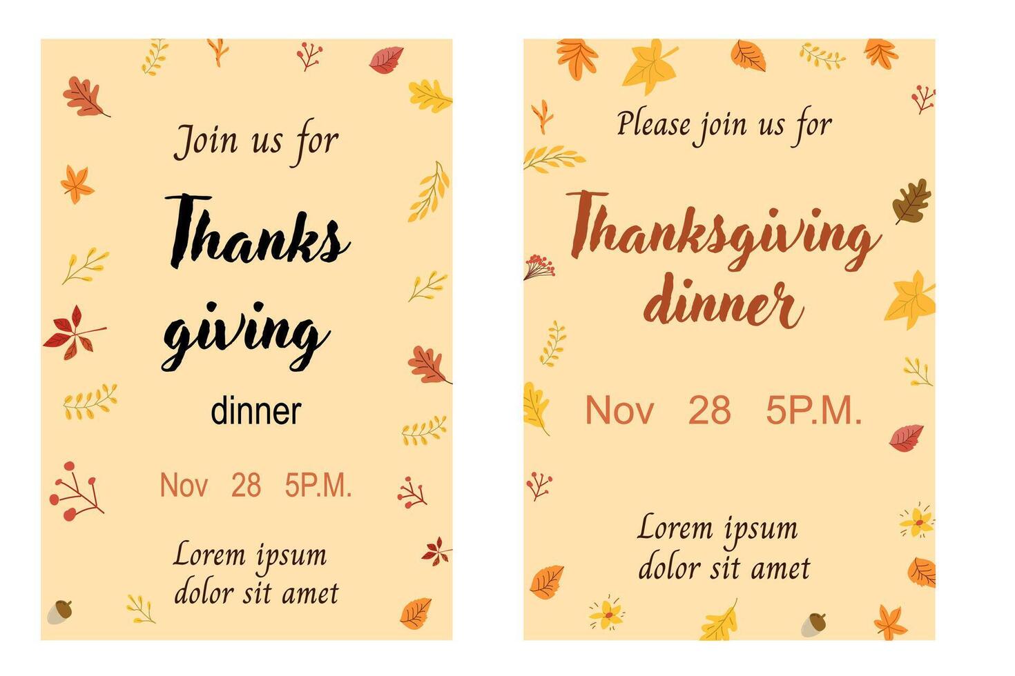 Fall thanksgiving invitation set. Autumn turkey day holiday posters. vector
