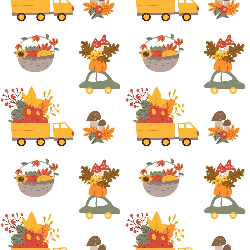 Fall thanksgiving pattern with autumn leaves and plants, animals. Cute fabric design. vector