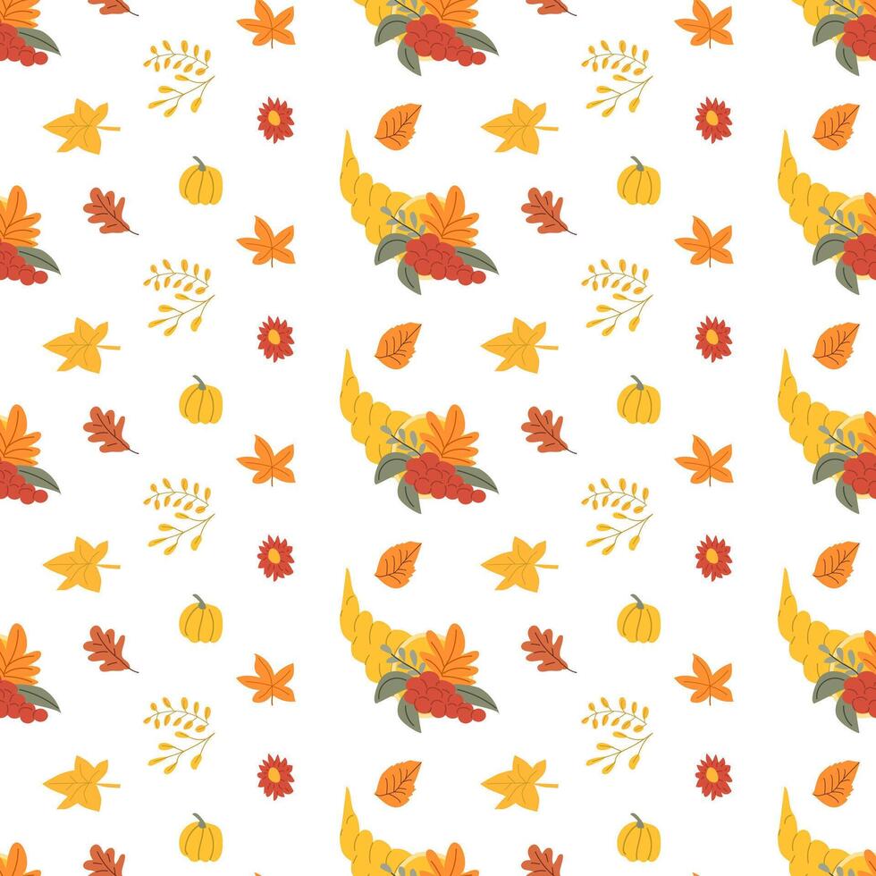 Fall thanksgiving pattern with autumn leaves and plants, animals. Cute fabric design. vector