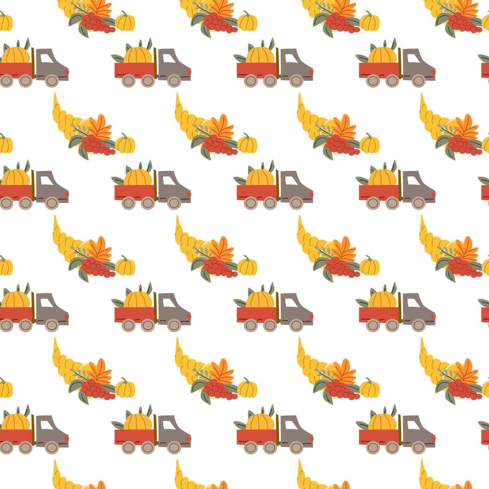 Fall thanksgiving pattern with autumn leaves and plants, animals. Cute fabric design. vector