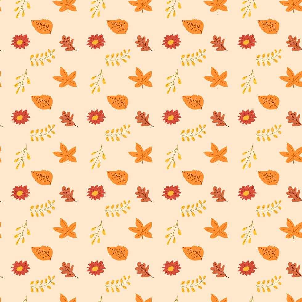 Fall thanksgiving pattern with autumn leaves and plants, animals. Cute fabric design. vector