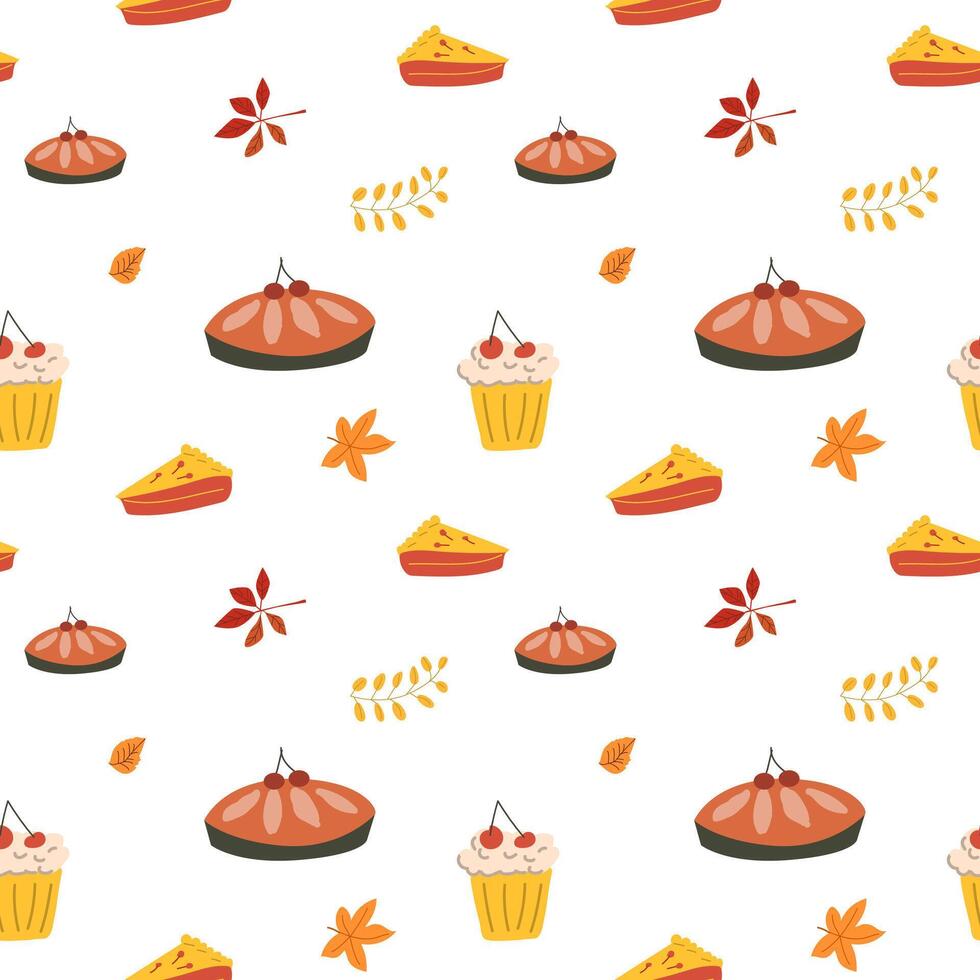 Fall thanksgiving pattern with autumn leaves and plants, animals. Cute fabric design. vector
