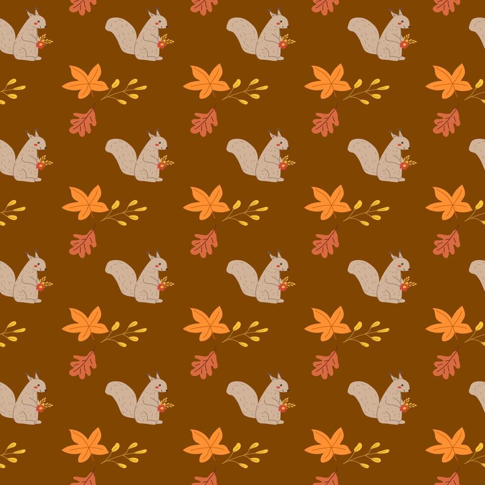 Fall thanksgiving pattern with autumn leaves and plants, animals. Cute fabric design. vector