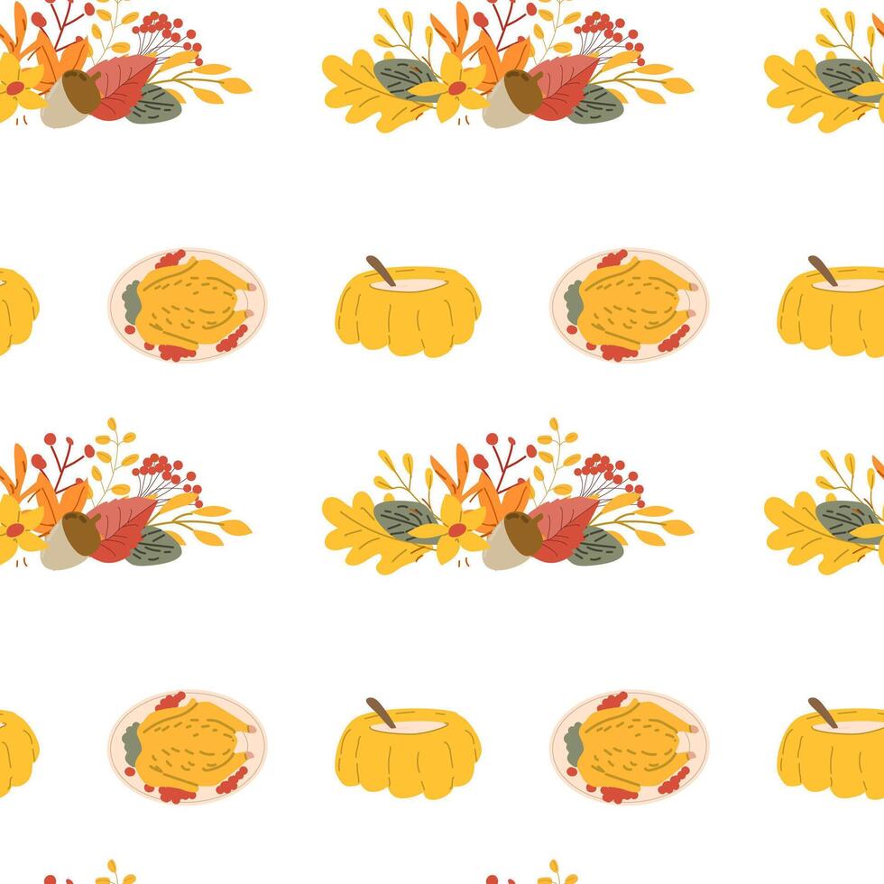 Fall thanksgiving pattern with autumn leaves and plants, animals. Cute fabric design. vector