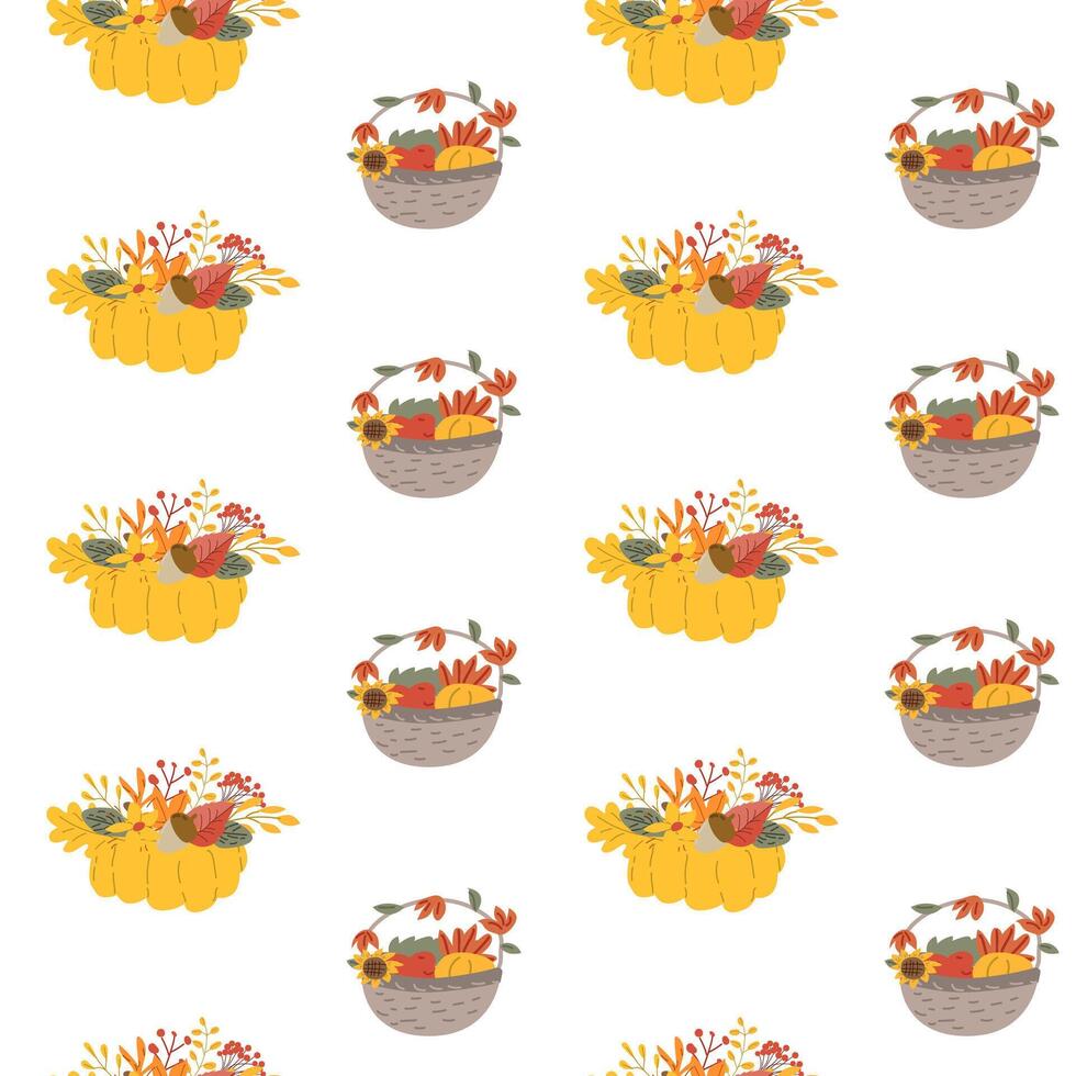 Fall thanksgiving pattern with autumn leaves and plants, animals. Cute fabric design. vector