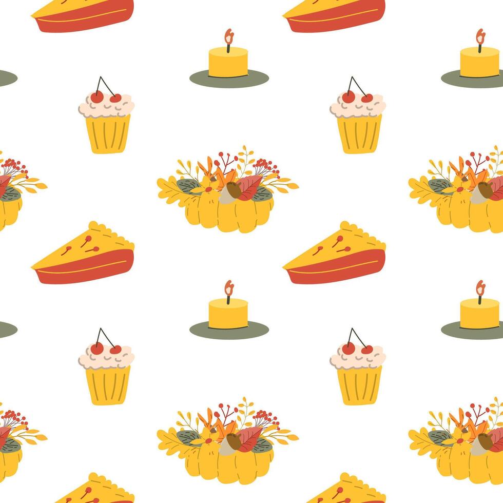 Fall thanksgiving pattern with autumn leaves and plants, animals. Cute fabric design. vector