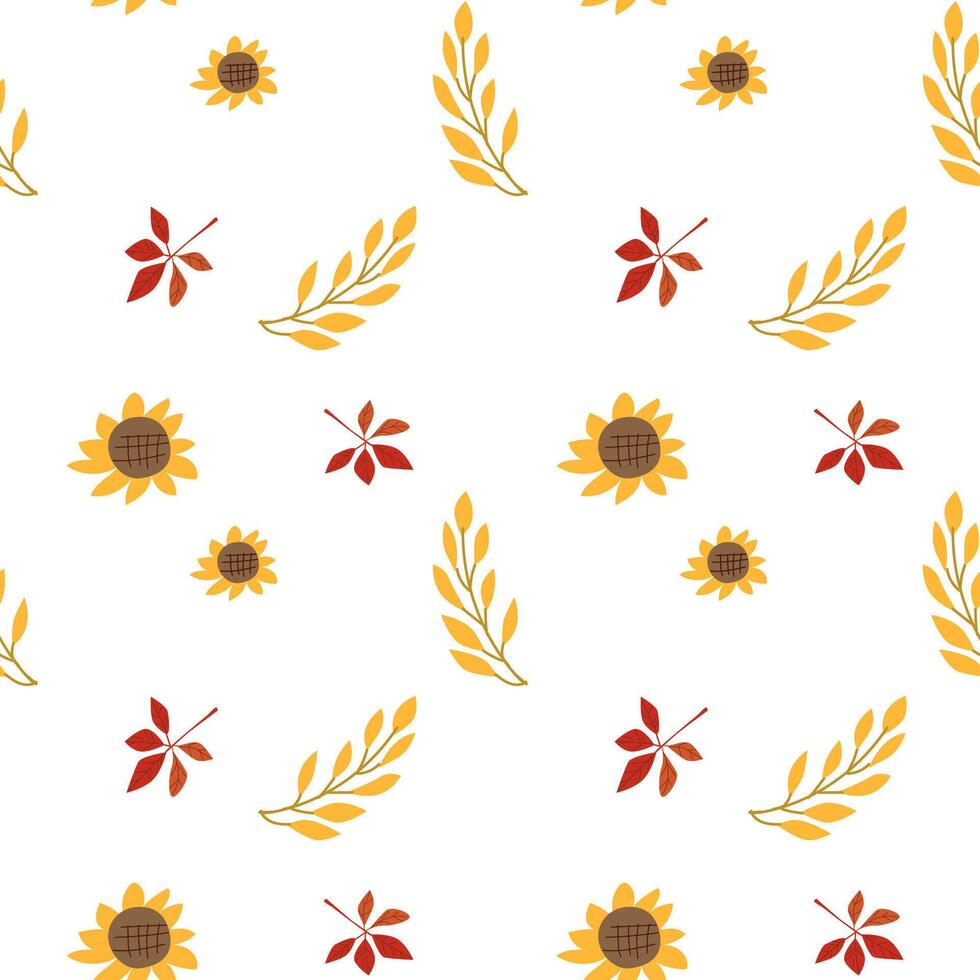 Fall thanksgiving pattern with autumn leaves and plants, animals. Cute fabric design. vector