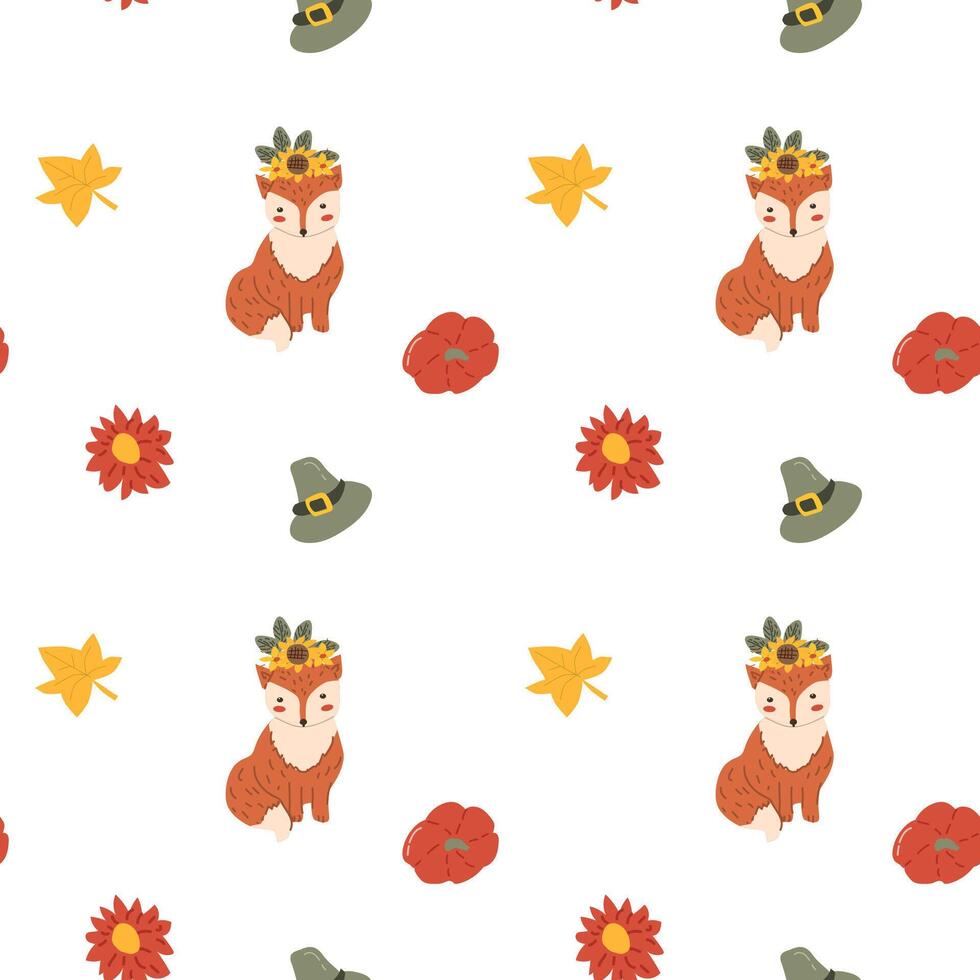 Fall thanksgiving pattern with autumn leaves and plants, animals. Cute fabric design. vector